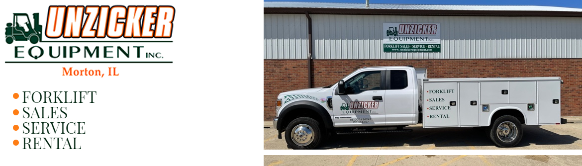 Service truck with Unzicker Equipment logo parked in front of a service building
